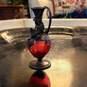 Vintage Cranberry Glass Miniature Ewer with Metal Overlay Small Red Glass Vase